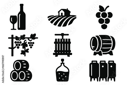 Wine making silhouette icon set, winery and vineyard symbols, grape clusters, wine fermentation process icons collection, barrel aging, wine production tools vector illustration