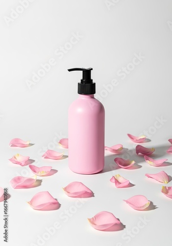 Photo of pink cosmetic bottle with black pump surrounded by rose petals isolated on white background, perfect for beauty and skincare product presentation