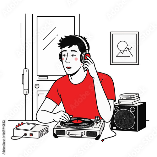 Man enjoying music with record player in minimalist room, nostalgia
