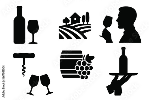Wine Tasting Silhouette Icon Set with Fine Wine Bottle, Vineyard Landscape, Sommelier Tasting, Wine Corkscrew, Barrel and Grapes, and Serving Tray Vector Illustration Bundle