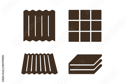 Architectural metal icons. Solid vector icon set of cladding, corrugated panels, flat sheets, siding, facade, and roofing materials. Building and construction design elements.