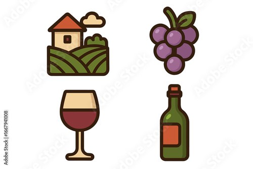 Wine Tasting Filled Icon Set with Vineyard, Grapes, Glass, Bottle Collection. Vector Cartoon Illustration, Transparent Background, Ordered Design for Beverage and Winery Themes
