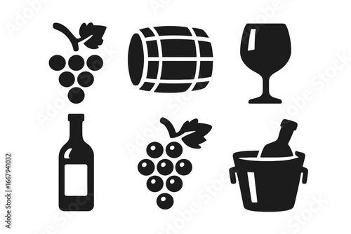 Wine tasting solid icon set with grapevine, barrel, glass, bottle, grape cluster, and ice bucket icons. Vector cartoon illustration with transparent background, ordered collection