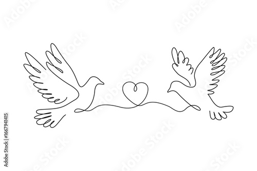 two doves with heart line drawing