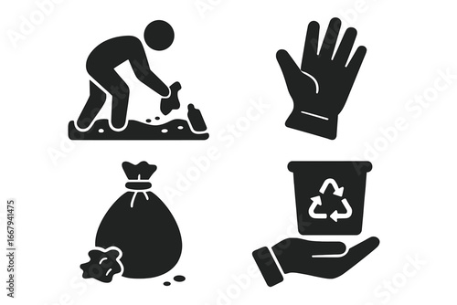 Beach cleanup vector icon set. Solid glyph icons for volunteering, environmental protection. Person picking up trash, garbage bag, glove, recycle bin. Ecology conservation concept.