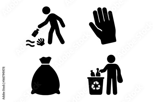 Beach cleanup solid icon set. Volunteer picking up trash, litter bag, protective glove, and recycling bin. Environmental protection, ecology concept. Vector glyph pictograms.