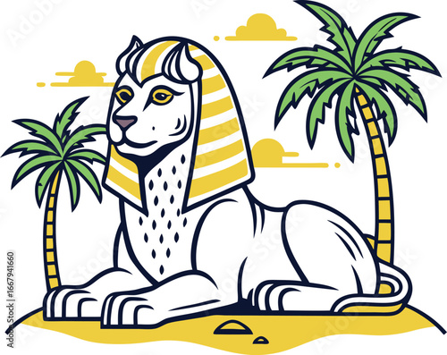 Sphinx Lying On Sand With Palm Trees
