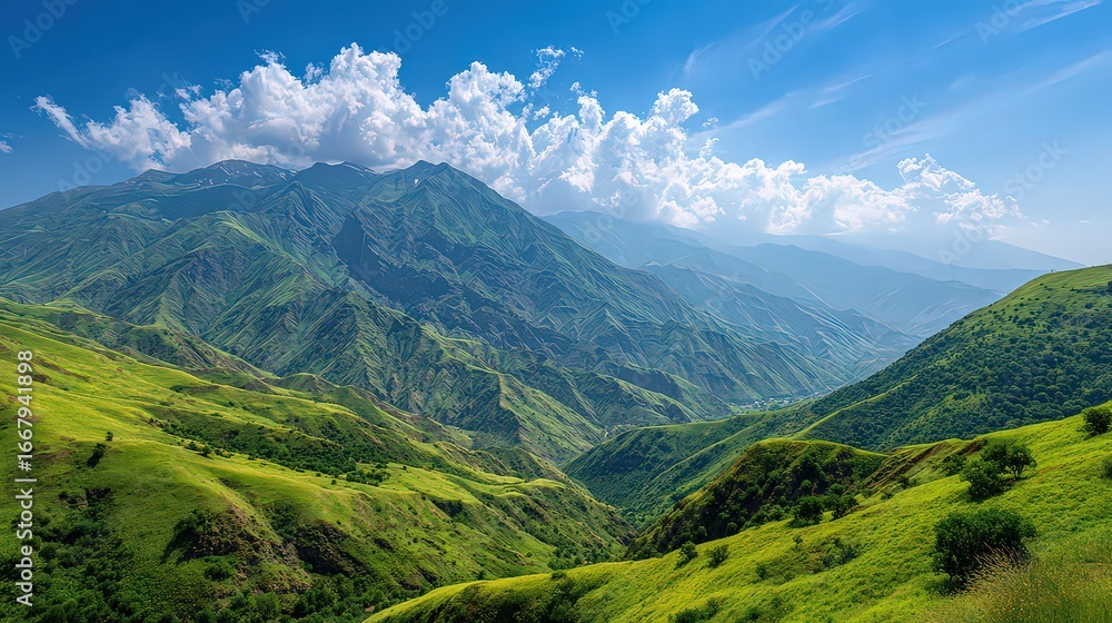 Fototapeta premium Panoramic View Of Lush Green Mountain Valley Under Sunny Sky