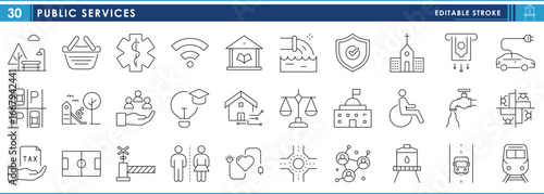 Public services related line icons set. Education, hospital, tax, sports, park, basket, office, vehicles, and so on. Vector editable stroke.