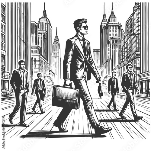man in a suit and hat carrying a briefcase, walking in city sketch engraving generative ai fictional character vector illustration. Scratch board imitation. Black and white image.