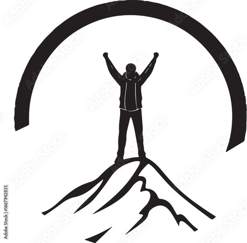 A person celebrating victory on a mountain peak under a large archway symbolizing achievement and success silhouette