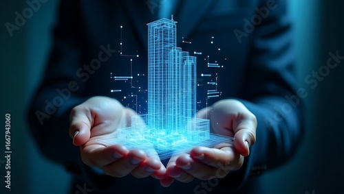 Architectural design building model held in hands future technology concept