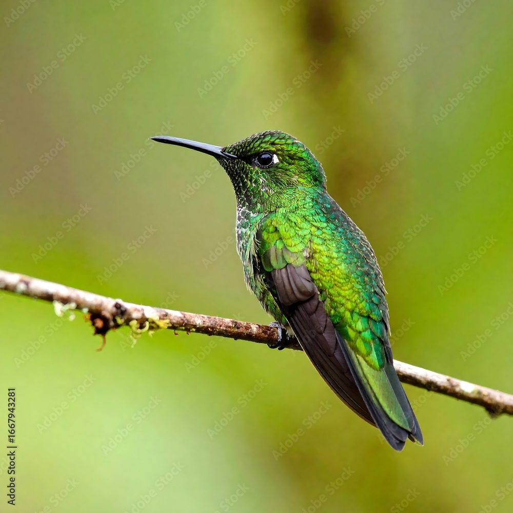 Obraz premium Green Hummingbird Perched on Branch, Rainforest (2)
