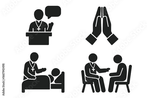 Clergy role and duties icon set. Priest, pastor vector glyph icons. Sermon, prayer, visiting the sick, and counseling. Christian ministry and pastoral care symbols.