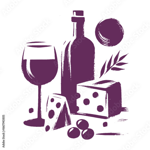 Wine bottle glass cheese grapes brush stroke minimal vector illustration
