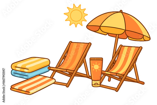 Beach essentials for a summer vacation. Sun loungers, umbrella, towels and sunscreen for seaside relaxation. Vector cartoon illustration of beach accessories for sunbathing.