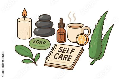Self care vector illustration set. Wellness and relaxation items for stress relief. Hot stone, candle, essential oil, aloe vera, tea. Spa, aromatherapy, and mental health concept.