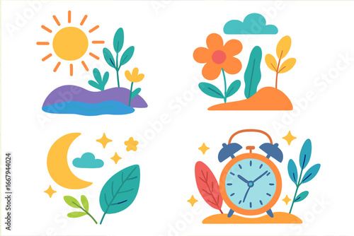 Colorful abstract illustrations of nature and time. Day and night cycle with sun and moon. Morning wake up alarm clock. Whimsical cartoon flat vector icon set for creative design.