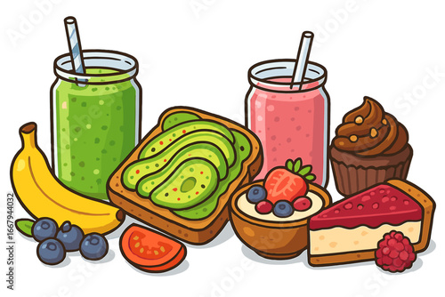 Healthy food assortment vector cartoon illustration. Breakfast and brunch menu set with green smoothie, avocado toast, berry dessert, cupcake, cake, banana and fruits.