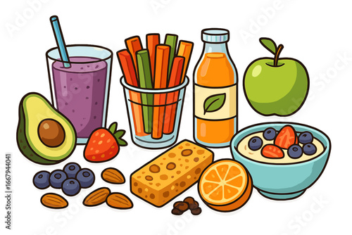 Healthy food assortment vector cartoon. Fresh fruit, smoothie, juice, snacks. Concept of diet, nutrition, breakfast, vegan, vegetarian lifestyle. Isolated clean illustration set.