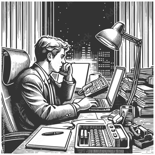 businessman in a suit using a laptop at his office desk with city view sketch engraving generative ai fictional character vector illustration. Scratch board imitation. Black and white image.
