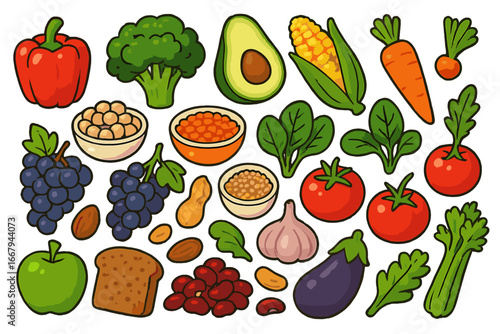 Set of cartoon plant-based foods. Vegan and vegetarian diet concept. Collection of fresh organic vegetables, fruits, legumes, nuts for healthy eating and nutrition illustration.