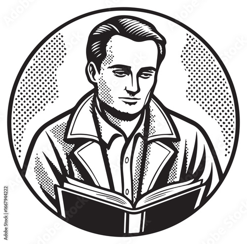 A man in a collared jacket reads an open book depicted in a classic black and white silhouette style within a circular frame conveying focused concentration and intellectual pursuit