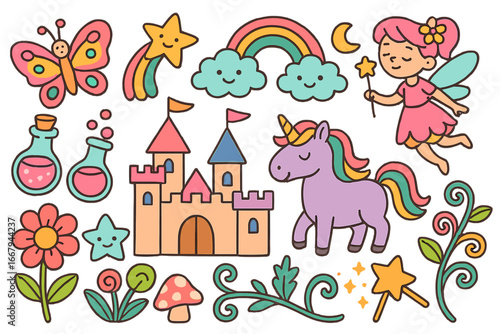 Cute cartoon fantasy icon set with unicorn, fairy, and magic castle. Whimsical collection of doodle elements like rainbow, butterfly, stars, and potions for kids. Vector pack.