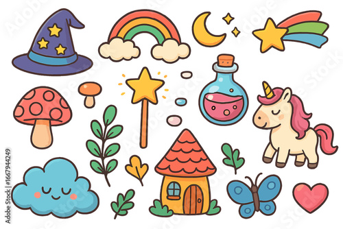 Cute fantasy icon set with unicorn, magic wand, potion, rainbow, wizard hat. Whimsical fairytale collection for kids. Cartoon doodle sticker pack. Vector illustration elements.