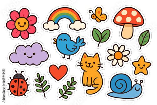 Cute cartoon sticker set. Kawaii doodle nature icons with cat, rainbow, flower, bird, mushroom. Vector illustration pack for kids. Whimsical animal and plant characters.
