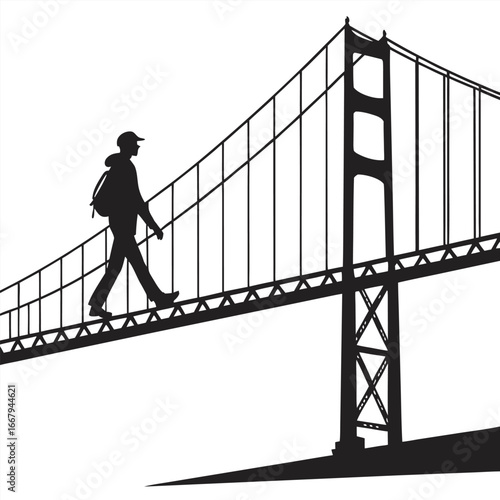 Person walking across suspension bridge silhouette