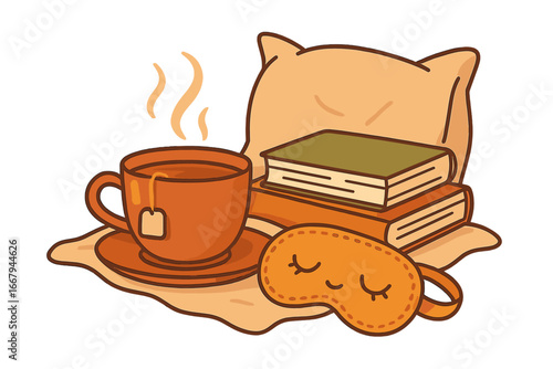 Cozy evening relaxation with hot tea cup, books, and sleep mask. Hygge lifestyle concept for quiet moments. Bedtime routine with reading for comfort and self-care. Vector.