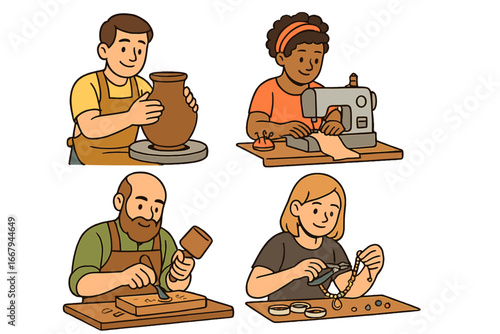 Artisan crafts set. People crafting. Potter, seamstress, carver, jeweler. Handmade hobby concept. Creative workshop. Pottery, sewing, woodcarving, jewelry making vector icons.