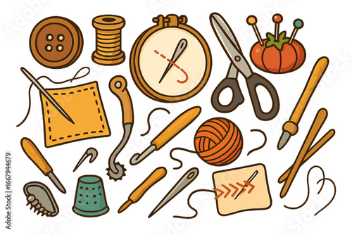 Handmade craft tools vector illustration set. Equipment for sewing, knitting, embroidery. Icons of needle, thread, scissors, yarn, pincushion, button. Hobby and DIY concept.