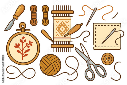 Set of crafting tools for handmade hobbies. Vector icons for sewing, embroidery, weaving and needlework. Includes loom, needle, thread, scissors, and embroidery hoop.