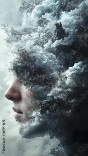 A woman 's head with clouds in the background