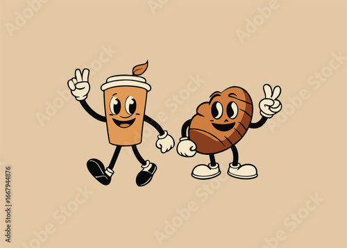 Retro Cartoon Coffee Cup and Croissant Characters Giving Peace Sign