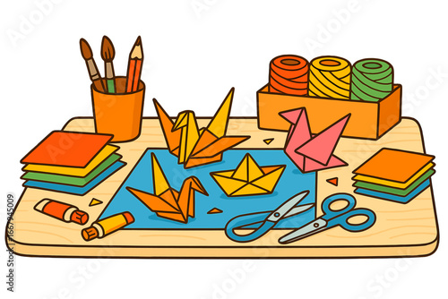 Creative workspace with origami crafts and art supplies. Vector cartoon illustration of a crafting table with paper cranes, boat, scissors, glue, and bright colored paper.