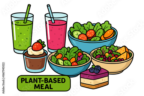 Plant-based meal set. Vector illustration of healthy food. Vegan salads, smoothies and desserts. Healthy lifestyle, clean eating, vegetarian diet concept. Colorful cartoon icons.