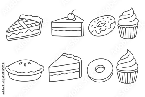 Set of dessert icons. Minimalist line art with pie, cake slice, donut, cupcake. Sweet bakery food, pastry. Simple outline drawing for menu. Confectionery vector illustration.