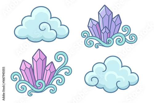 Set of magic crystal and cloud design elements. Cute cartoon vector illustration of mystical fantasy gemstones with decorative swirls. Esoteric, spiritual nature concepts.