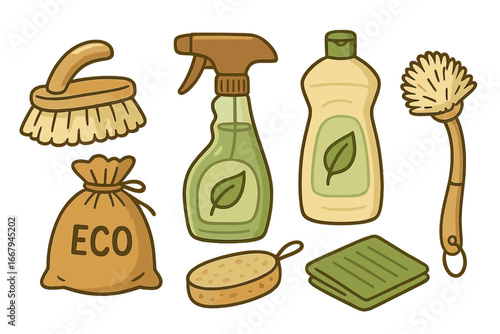 Eco friendly cleaning tools for sustainable lifestyle. Green living concept. Zero waste household supplies set. Natural organic detergents, wooden brushes vector illustration.