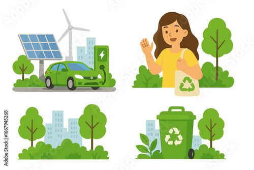 Green city concept with renewable energy sources. Sustainable urban landscape with wind turbines and solar panels. Eco friendly lifestyle, ecology and environment care vector.