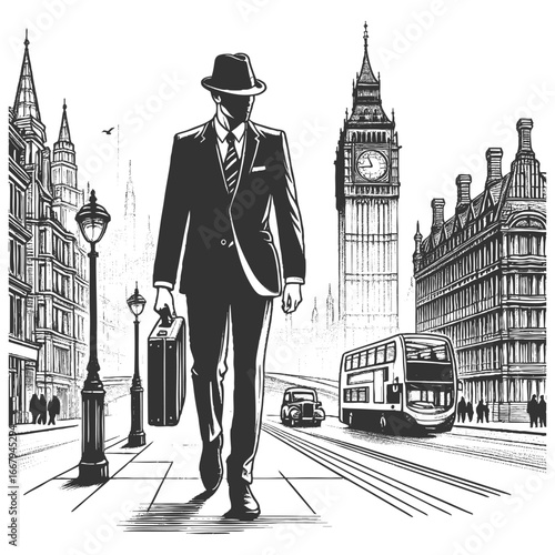 man in a suit and hat carrying a briefcase, walking in city sketch engraving generative ai fictional character vector illustration. Scratch board imitation. Black and white image.