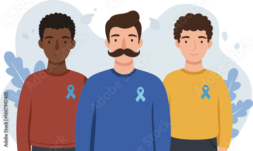 Three men wearing light blue ribbons on their sweaters, symbolizing awareness and support for men's health initiatives, promoting unity and solidarity in the community