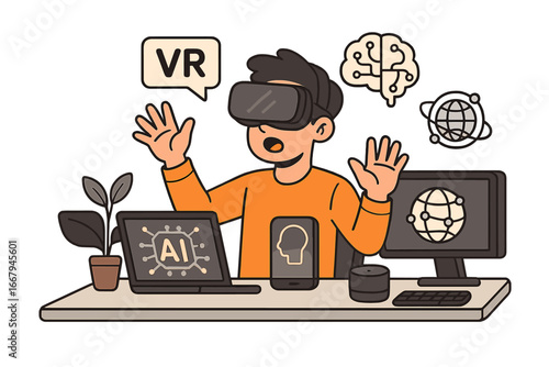 Man in VR glasses explores metaverse. Artificial intelligence concept. Future technology. Person at computer desk works in virtual reality. Digital world simulation. Innovation.