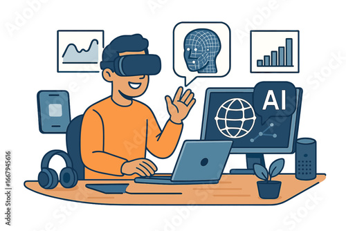 Man in VR headset explores metaverse and artificial intelligence. Future technology concept with data analysis charts, AI head. Modern business workspace vector illustration.