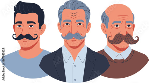 Three generations of men with mustaches a portrait showing diverse facial hair styles from young adult to elderly, celebrating masculine grooming and personal expression across ages