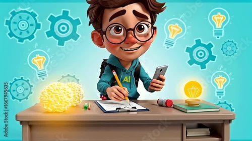 Cartoon boy sitting at desk writing notes surrounded by glowing light bulbs, Animated 3D cartoon character of a young boy sitting at a desk, writing notes in a notebook, surrounded by glowing light bu