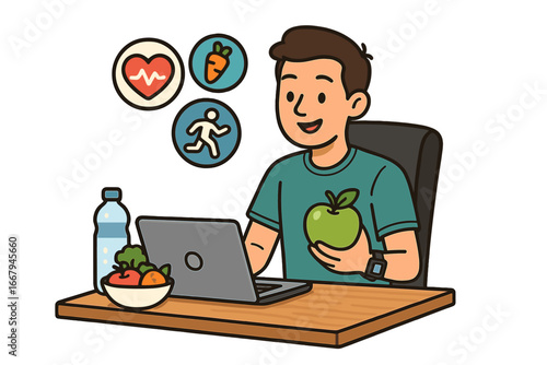 Healthy lifestyle concept. Man at desk with laptop, apple, and smartwatch. Nutrition, diet, and fitness icons. Corporate wellness and health technology vector cartoon illustration.